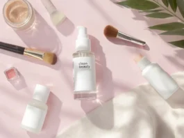 Productos cosméticos con lupa en etiqueta mostrando “paraben free”