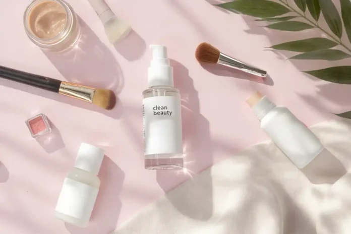 Productos cosméticos con lupa en etiqueta mostrando “paraben free”